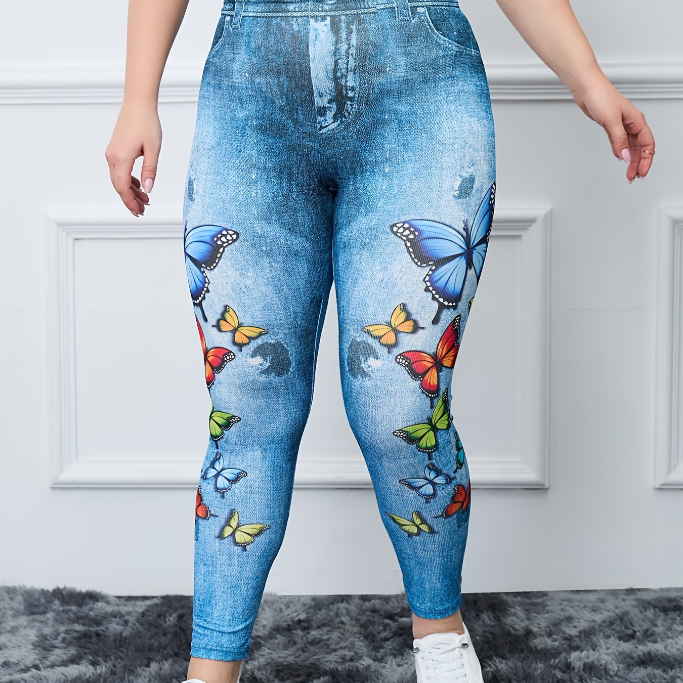Plus Size Butterfly & Denim Print High Rise Leggings Women's Plus