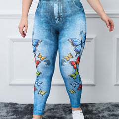 Plus Size Butterfly & Denim Print High Rise Leggings Women's Plus