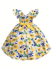 Girls Ruffled Sleeves Princess Dress Flowers Print Bow Decor
