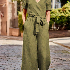 Solid Jumpsuit Casual Short Sleeve Wide Leg Jumpsuit