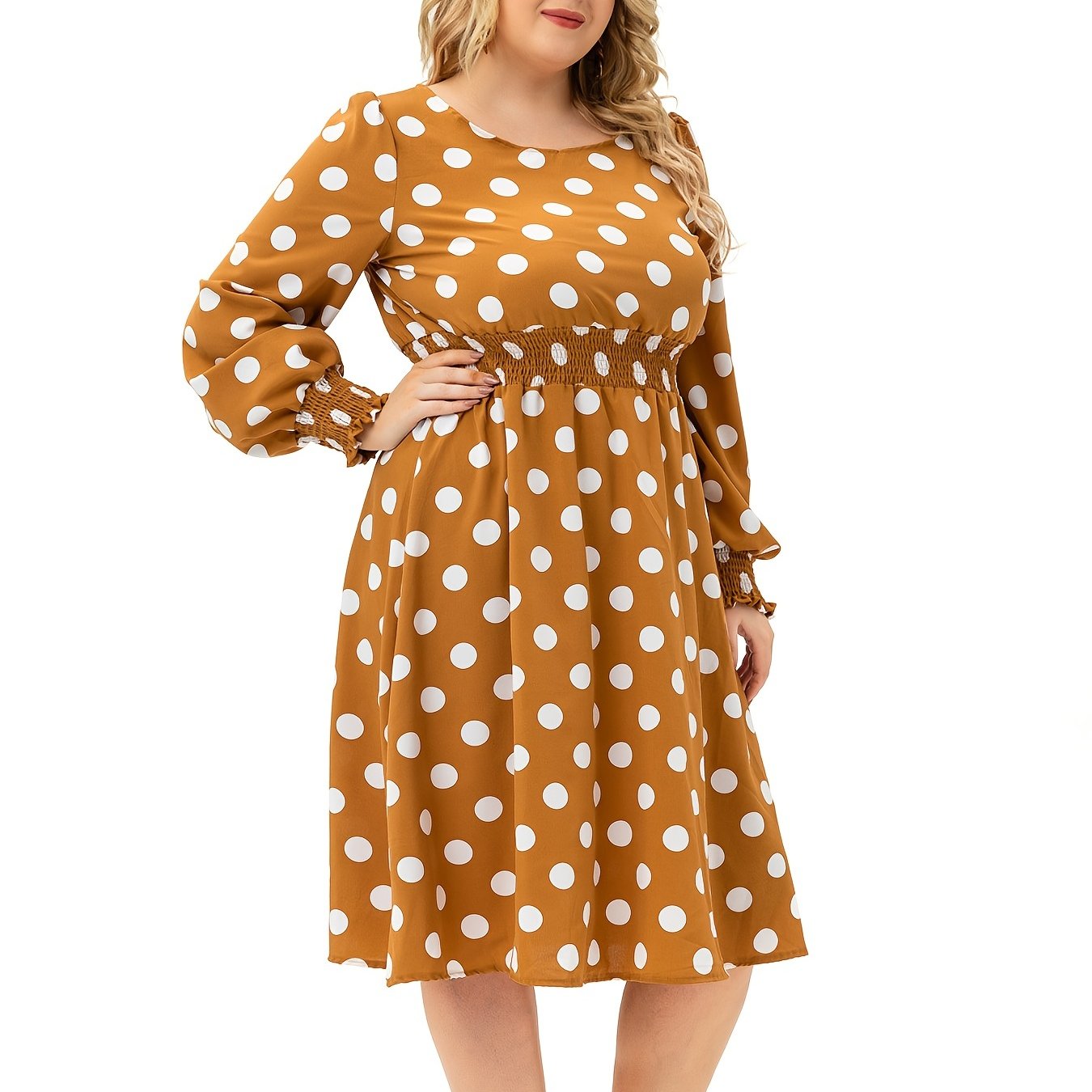 Dot Print Long Lantern Sleeve Midi Dress Women's Plus Round Neck Dress
