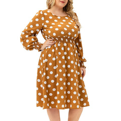 Dot Print Long Lantern Sleeve Midi Dress Women's Plus Round Neck Dress