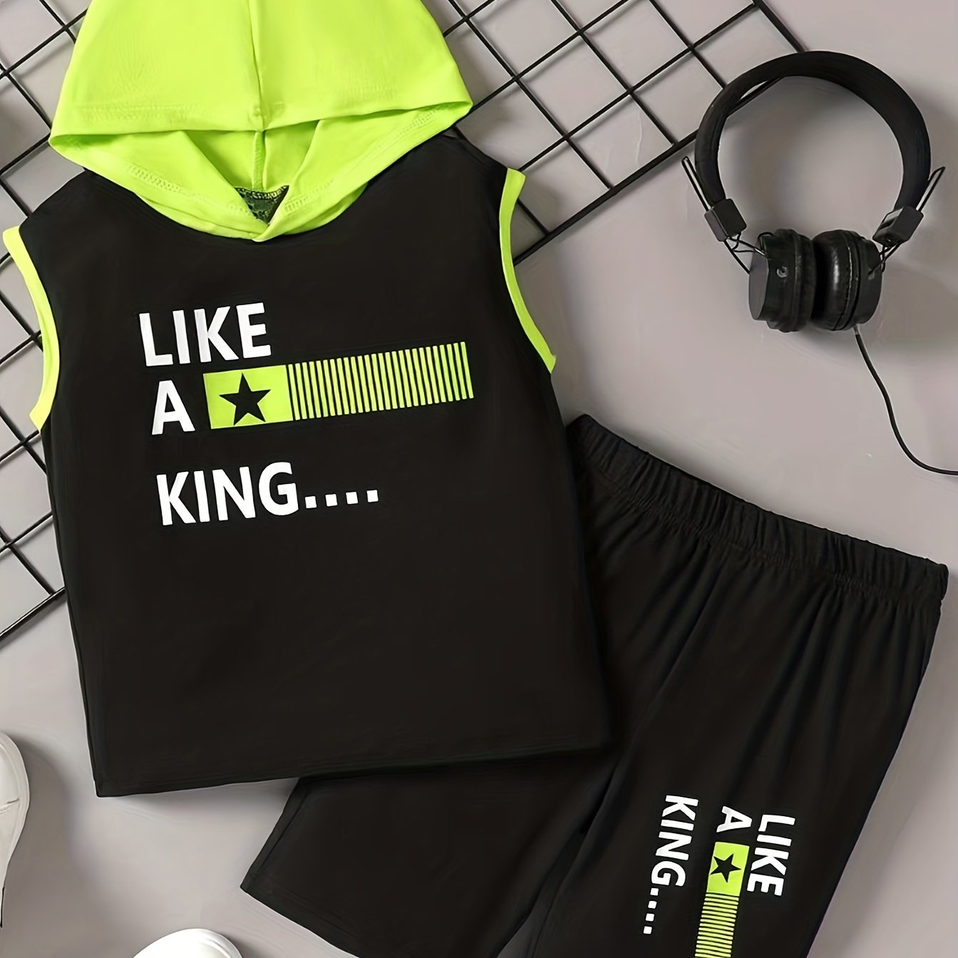 Boys King Casual Outfit Hooded Tank Top & Shorts Summer Clothes Sets