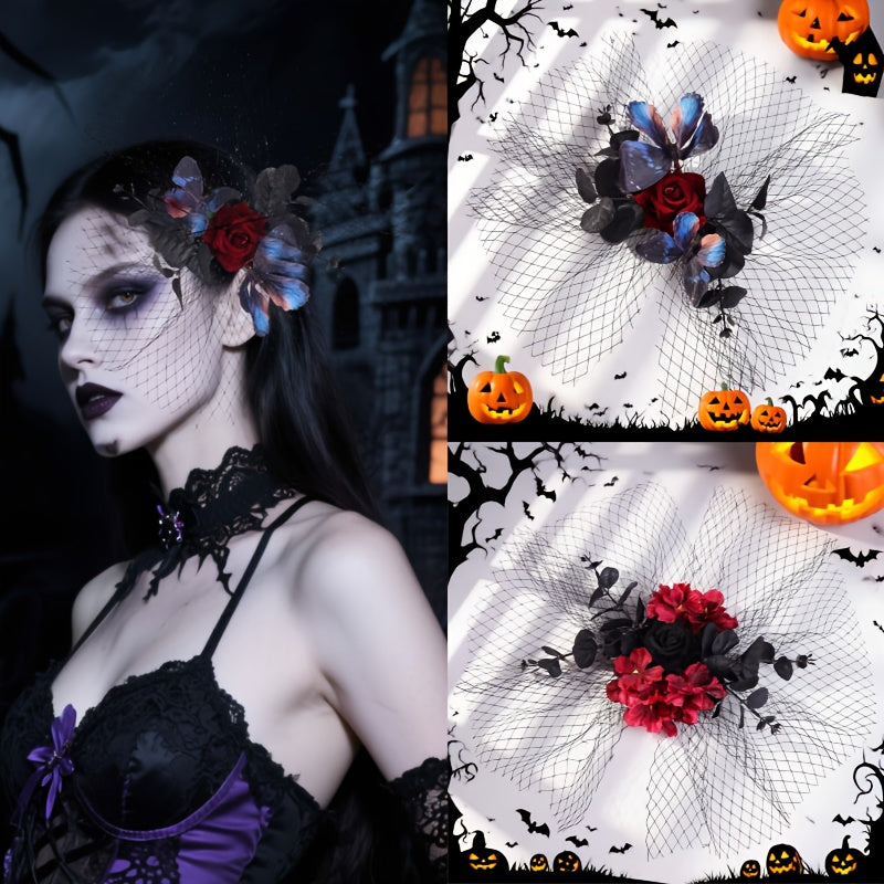 Gothic Halloween Hair Clips Vintage Rose & Mesh Veil Lace Accents Cosplay