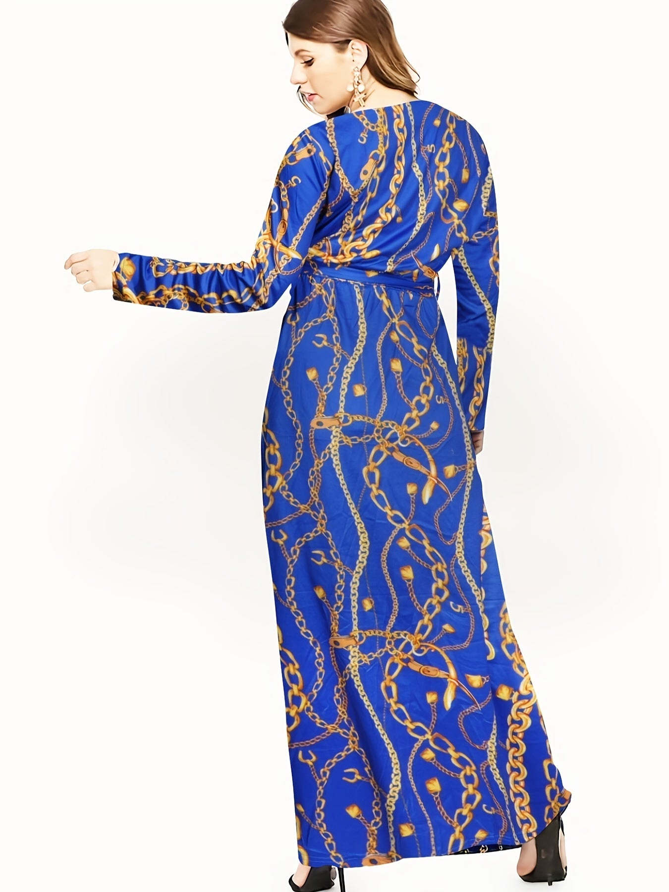 Women's Plus Chain Print Long Sleeve V Neck Maxi Dress