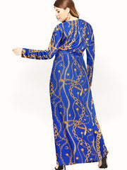 Women's Plus Chain Print Long Sleeve V Neck Maxi Dress