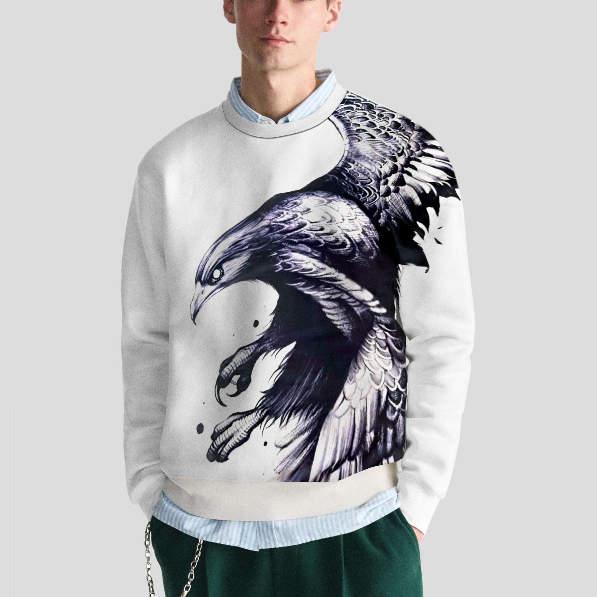 3D Eagle Print Sweatshirt Men's Crew Neck Pullover for Autumn Win