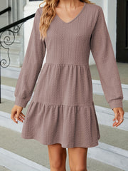 Solid Tiered Dress Casual V Neck Long Sleeve Dress Women's Clothing