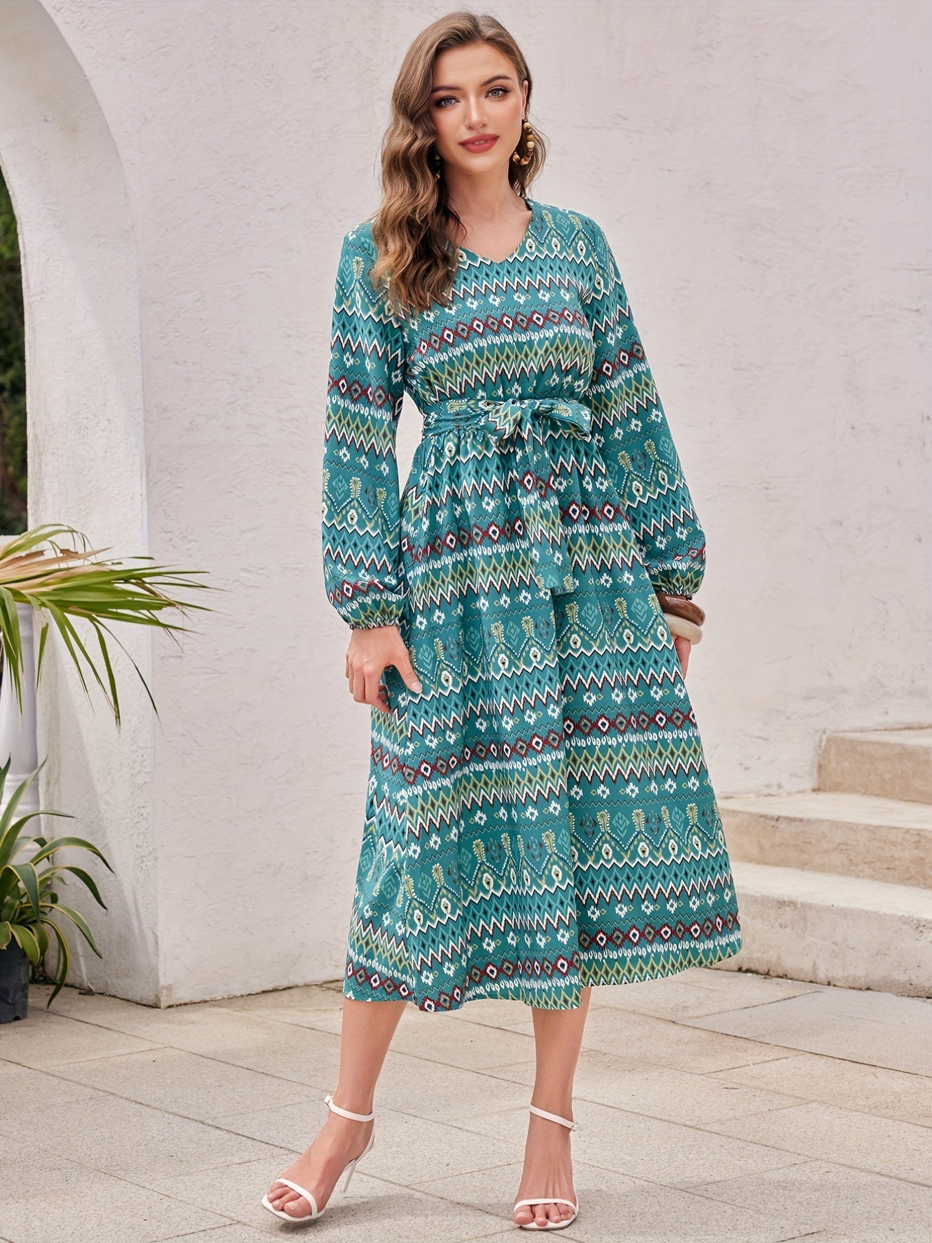 Argyle Print Midi Dress V Neck Lantern Sleeve Dress