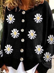 Floral Embroidery Cardigan Women's Round Neck Sweater