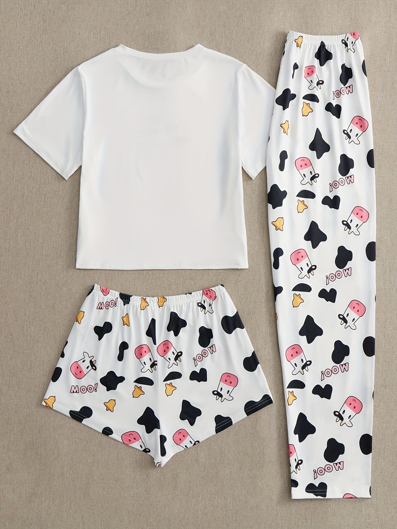 Cow Print Pajamas Set Short Sleeve Crew Neck Top & Shorts & Pants