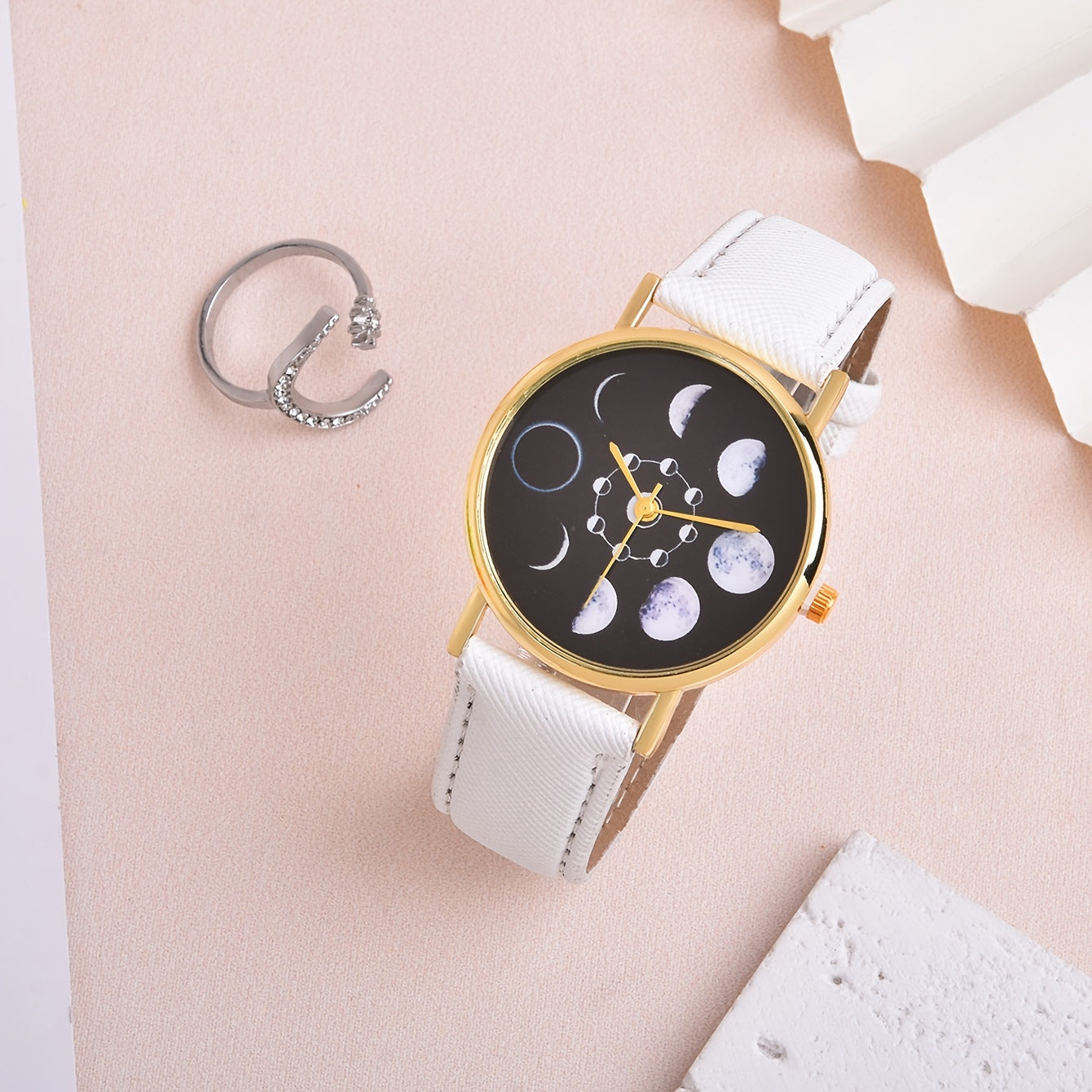 2pcs Girls Moon Watch & Ring Set Moon Shaped Accessory