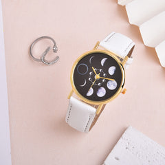2pcs Girls Moon Watch & Ring Set Moon Shaped Accessory