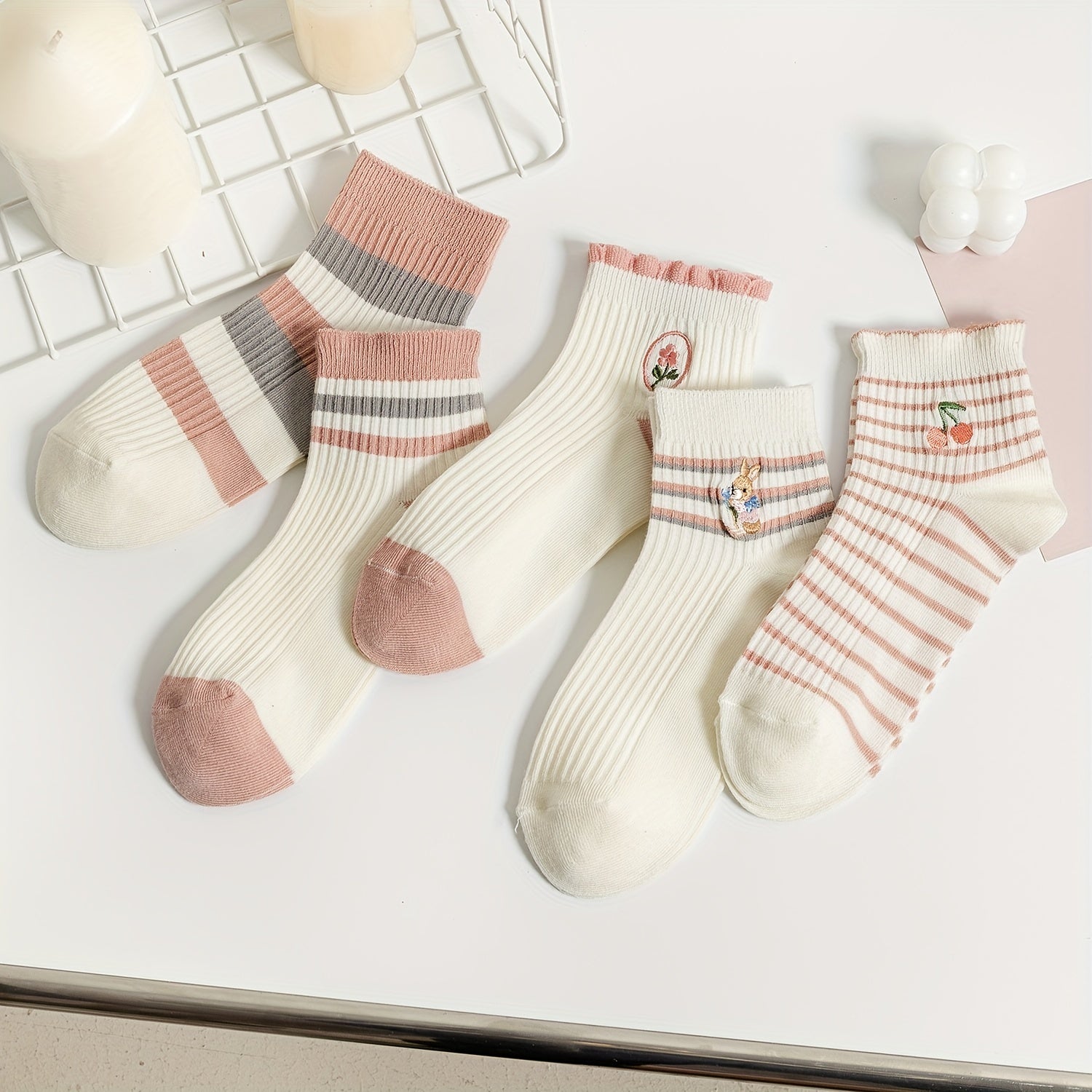 5 Pairs Striped Sports Socks Lightweight Crew Short Socks Women's Stockings