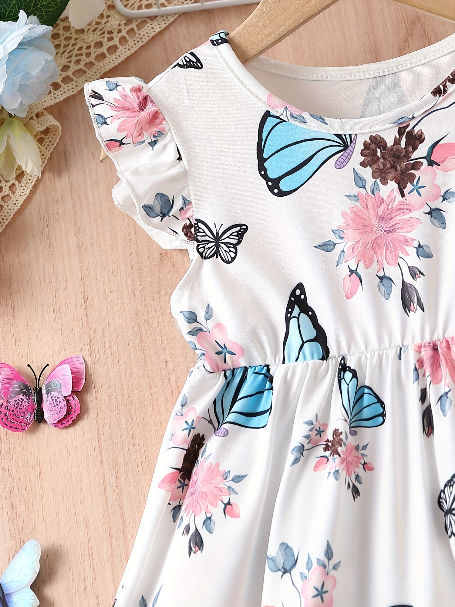 Girls Butterfly Ruffle Sleeve Cotton Dress For Party Beach Holiday