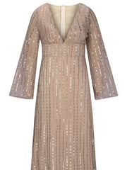 Sequined Plunging V Neck Long Sleeve Dress Formal Occasion