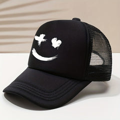 Smiling Face Print Trucker Hat Mesh Breathable Solid Casual Baseball Cap