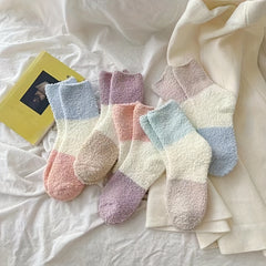 5 Pairs Colorblock Fuzzy Socks - Warm Home Floor Socks Women's Stockings