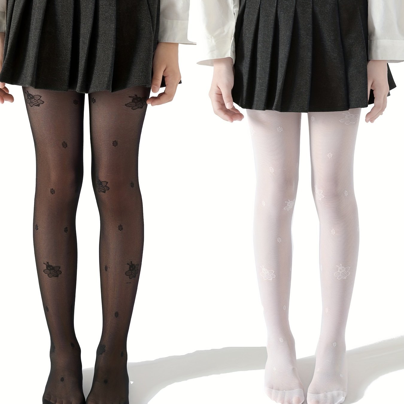 Girls Footed Leggings Bees Print Tight Fit Mesh & Thin Stockings Pants