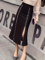 High Waist Beaded Split Skirt for Women
