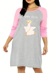 Duck & Letter Print Raglan Sleeve Round Neck Tee Sleep Dress