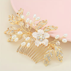 Flower & Leaf Charm Rhinestone Hair Comb Pearl Decor Wedding Headwear