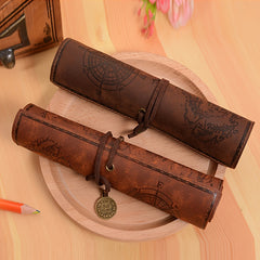 Retro Pencil Case Canvas Faux Leather Large Capacity Roll Pencil Bag