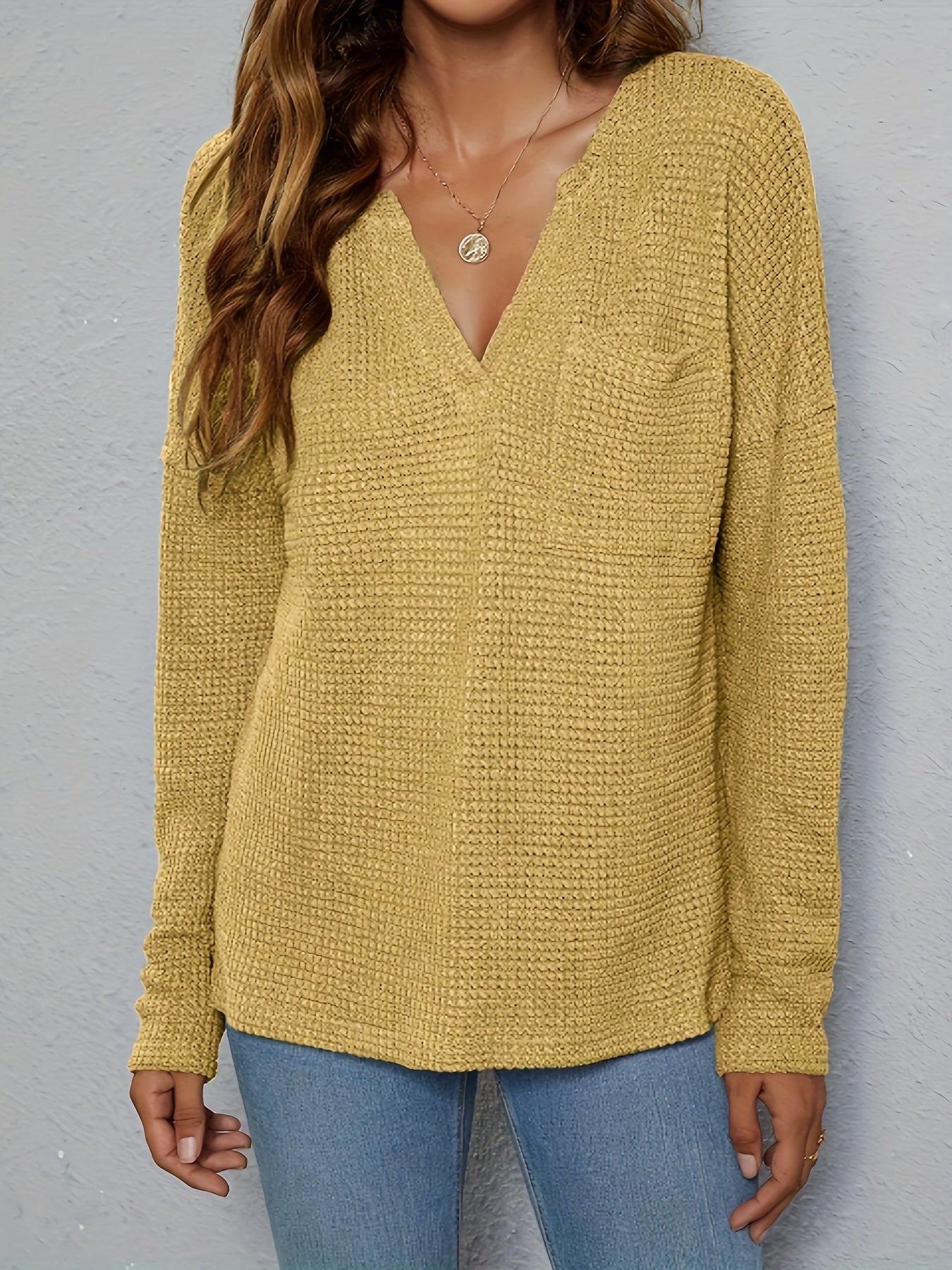 Casual Knit Top Women's Plus Solid Waffle Pattern Long Sleeve