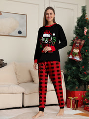 Christmas Graphic Pajama Set Long Sleeve Crew Neck Top & Plaid Print Pants