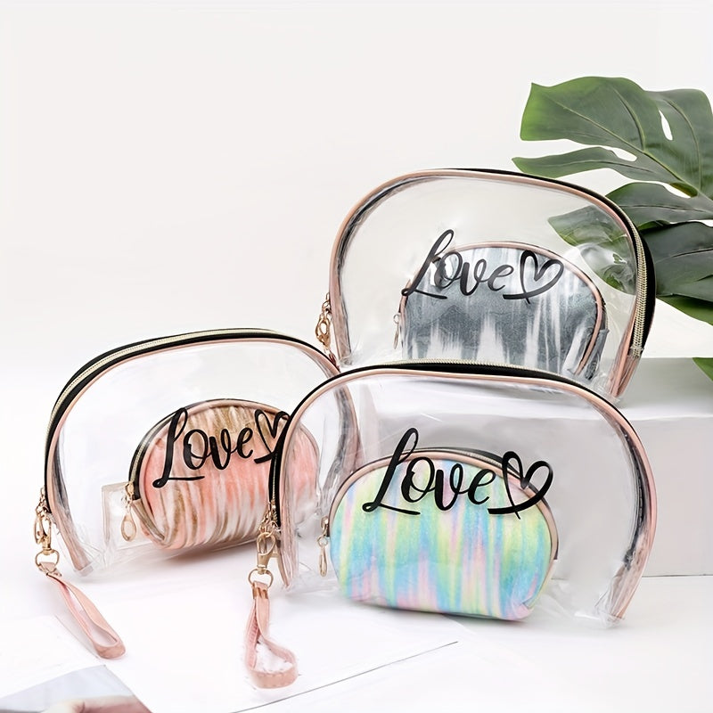 2pcs Tie Dye & Clear Makeup Bag Set Of 2 PVC Shell Shape Glitter Semicircle