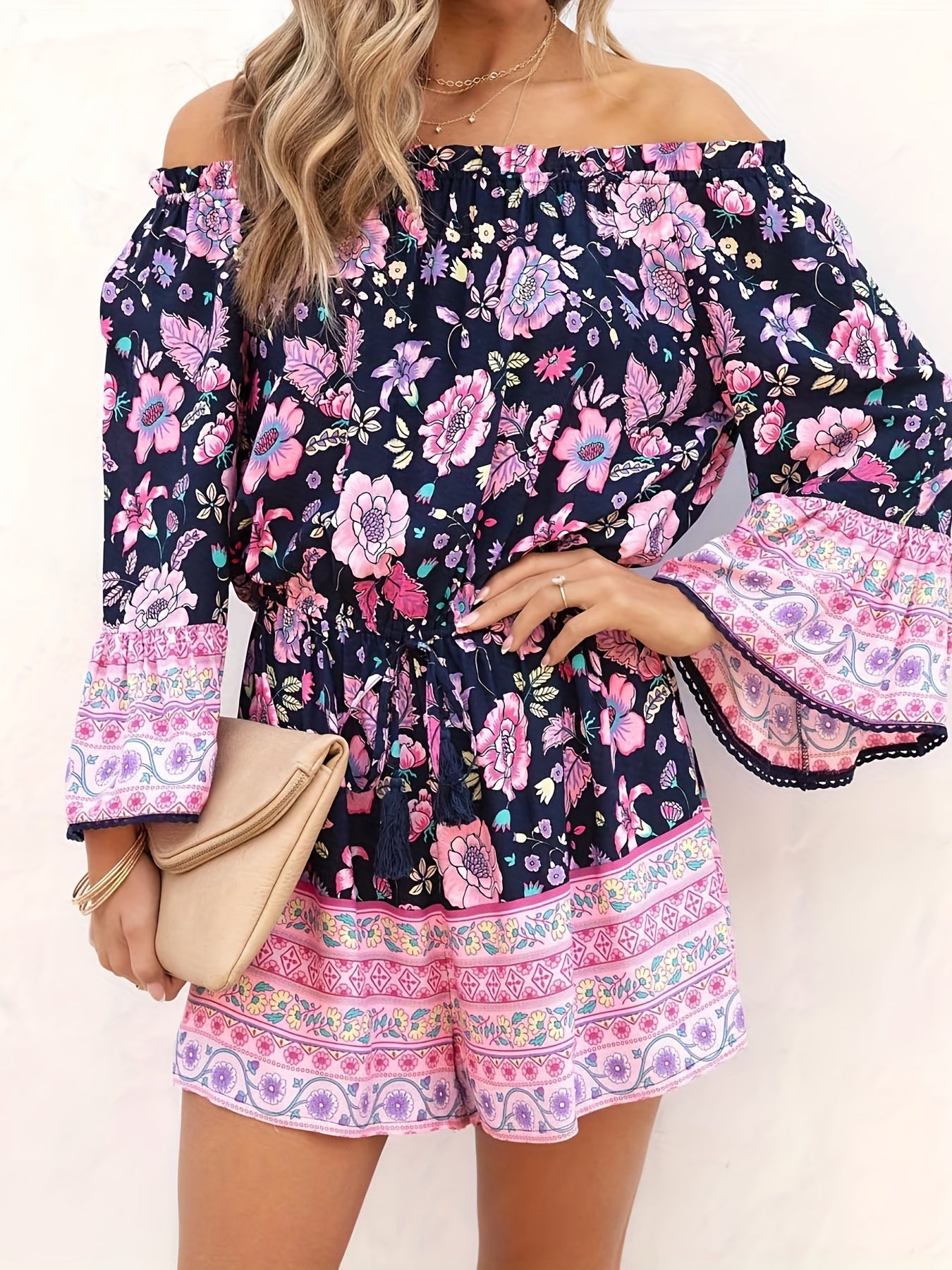 Off Shoulder Floral Print Romper Boho Long Sleeve Jumpsuit