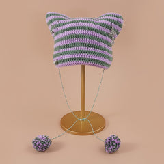 Y2K Cat Beanies Vintage Pom Pom Chain Crochet Hats