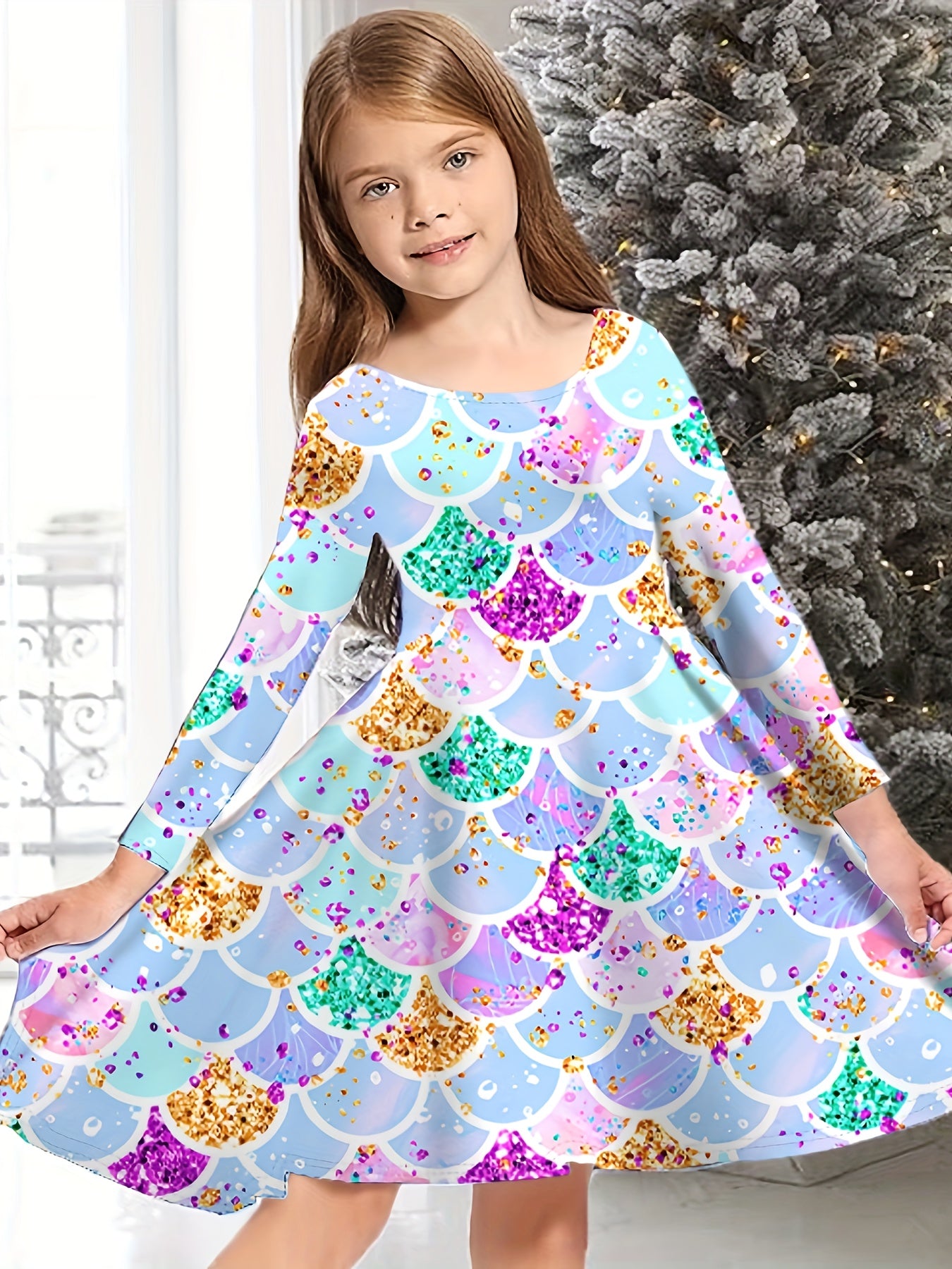 Girls Fish Scale Long Sleeve Dress Spring Fall Christmas Gift