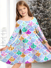 Girls Fish Scale Long Sleeve Dress Spring Fall Christmas Gift