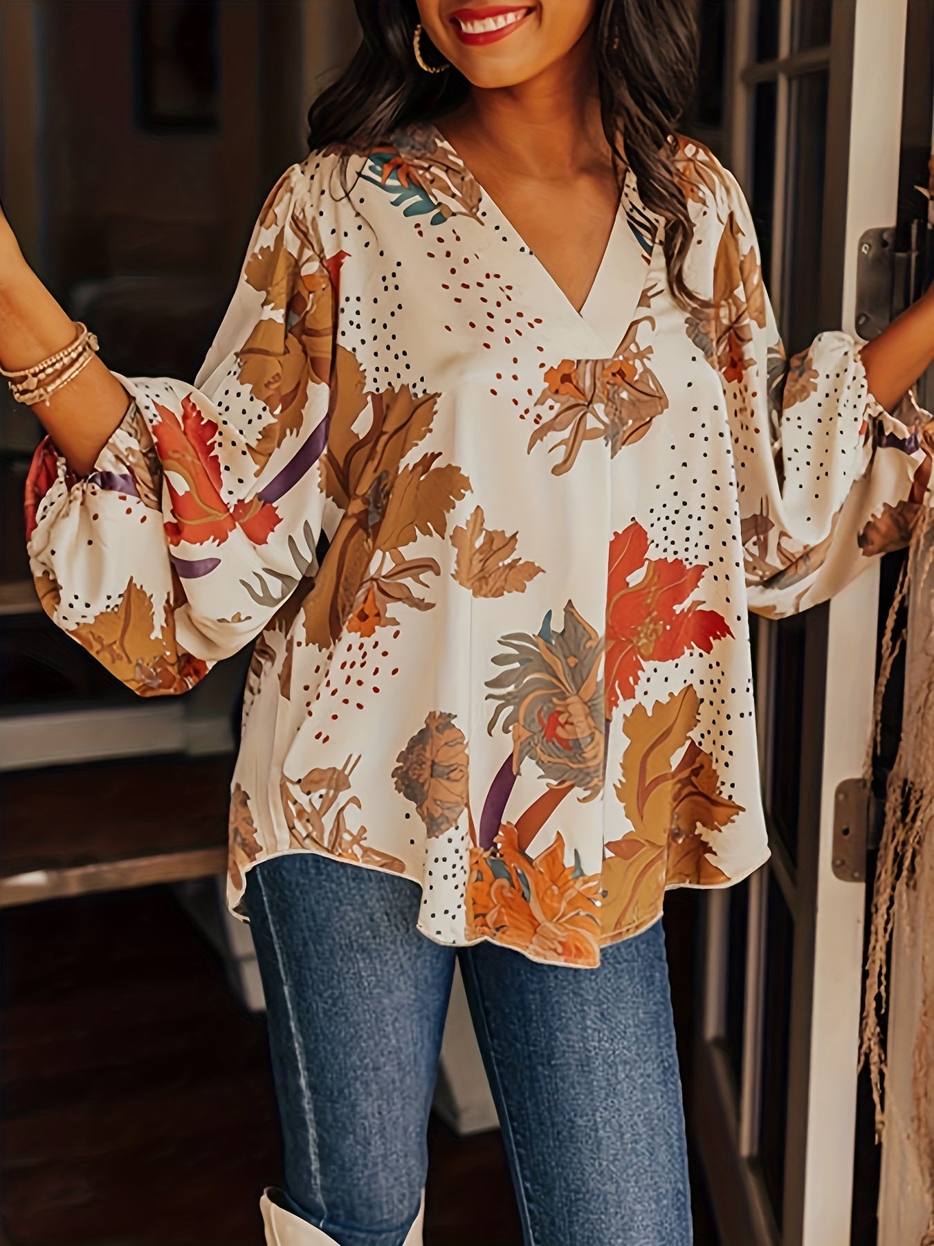 Boho Blouse Women's Plus Floral Dot Lantern Sleeve V Neck Loose