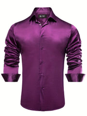 Men's Satin Button-Down Shirt Long Sleeve Casual Solid Prom Wedding Fit