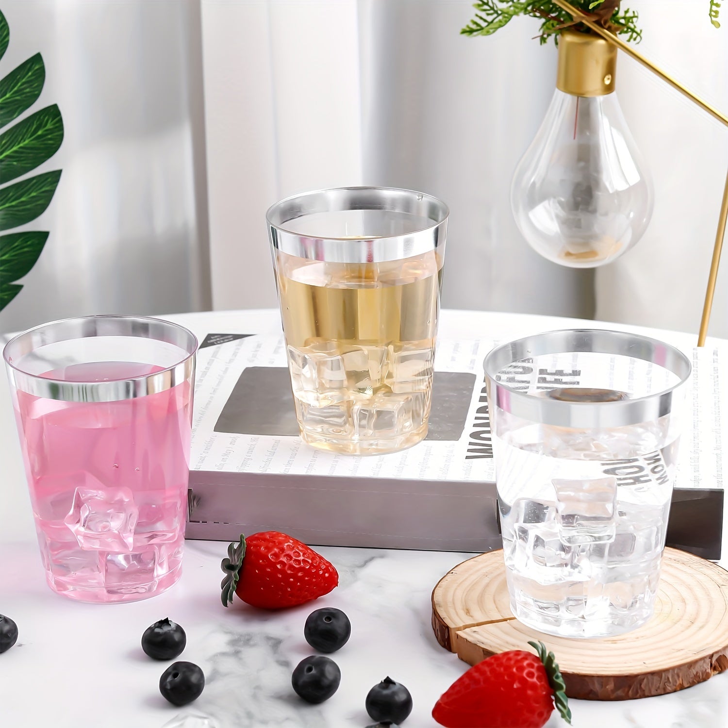 20pcs Silvery Plastic Cups 10 Oz Silver Rimmed Clear Disposable Wine Glasses