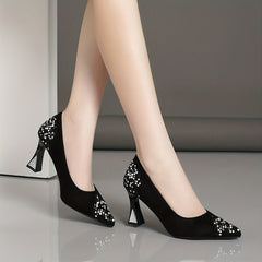 Rhinestone Block Heel Pumps Point Toe Slip On Dress Shoes