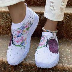 Women's Butterfly & Floral Print Sneakers Rhinestone Decor Knit Shoes