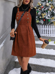 Solid Button Decor Overall Dress Mini Neck Overall