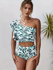 Plant Print Ruffle Crop Top & Booty Shorts Set Women's Clothing