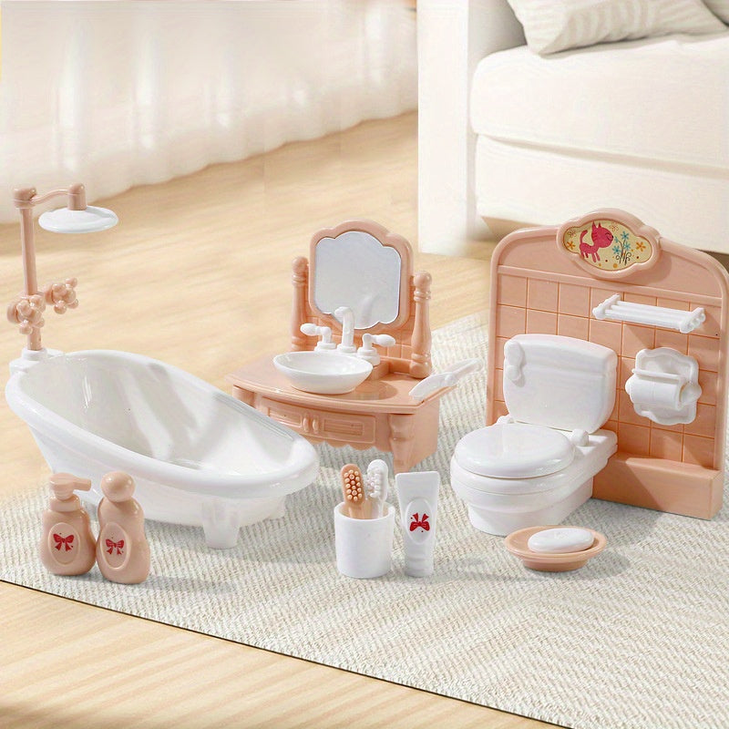 Mini Dollhouse Bathroom Furniture Set in Playful Pink