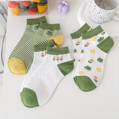 3 Pairs Frog Print Socks Mid Tube Striped Women's Stockings