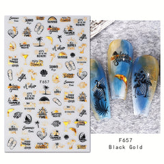 4 Sheets 3D Nail Art Stickers: Leaves/Flame Bird Adhesive Nail Decals
