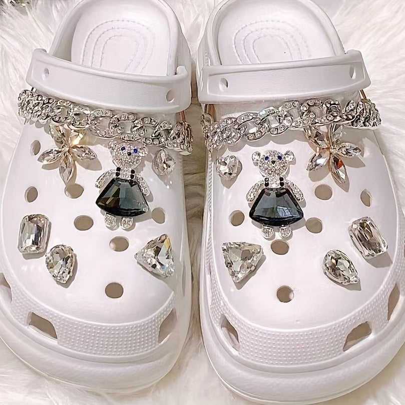 14pcs Rhinestone Bear & Chain Shoe Charms for Clogs Garden Shoes DIY Accessories