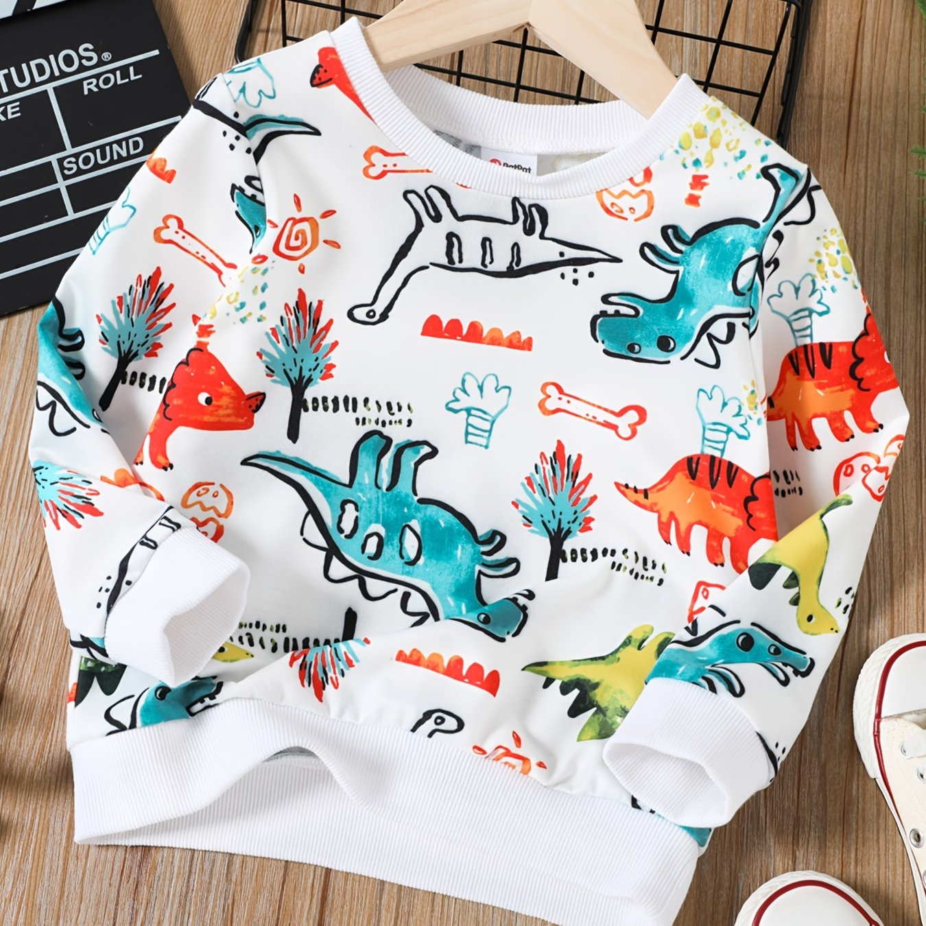 Dinosaur Print Boys Sweatshirt Long Sleeve Crew Neck Tops Kids Clothing