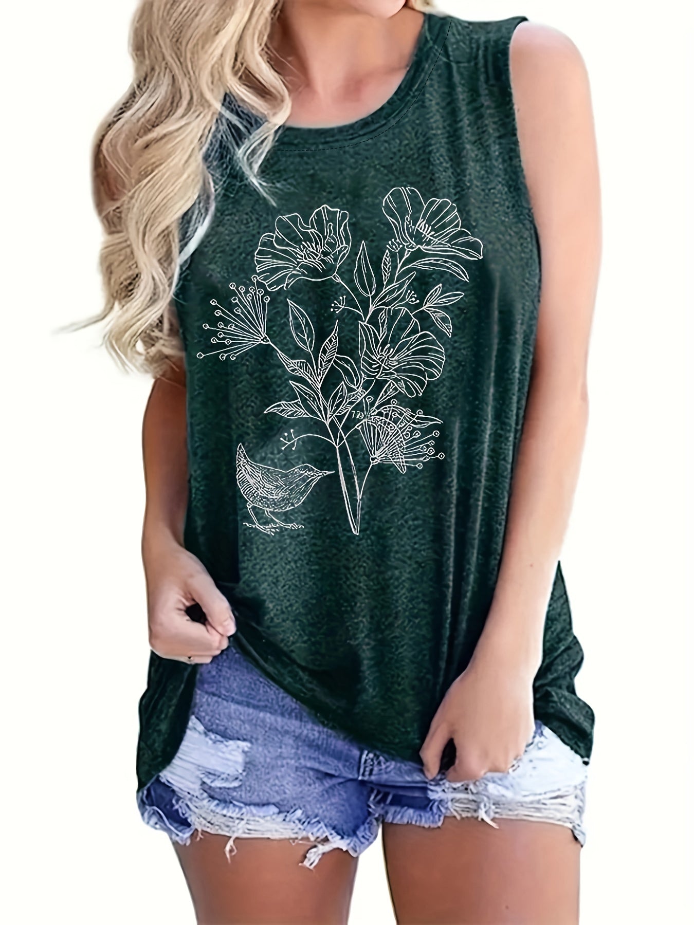 Floral Print Tank Top Sleeveless Crew Neck Casual Top