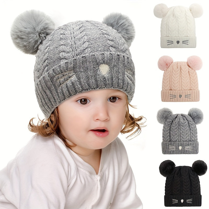 Kids Winter Hat with Plush Double Ball - Age 1-5