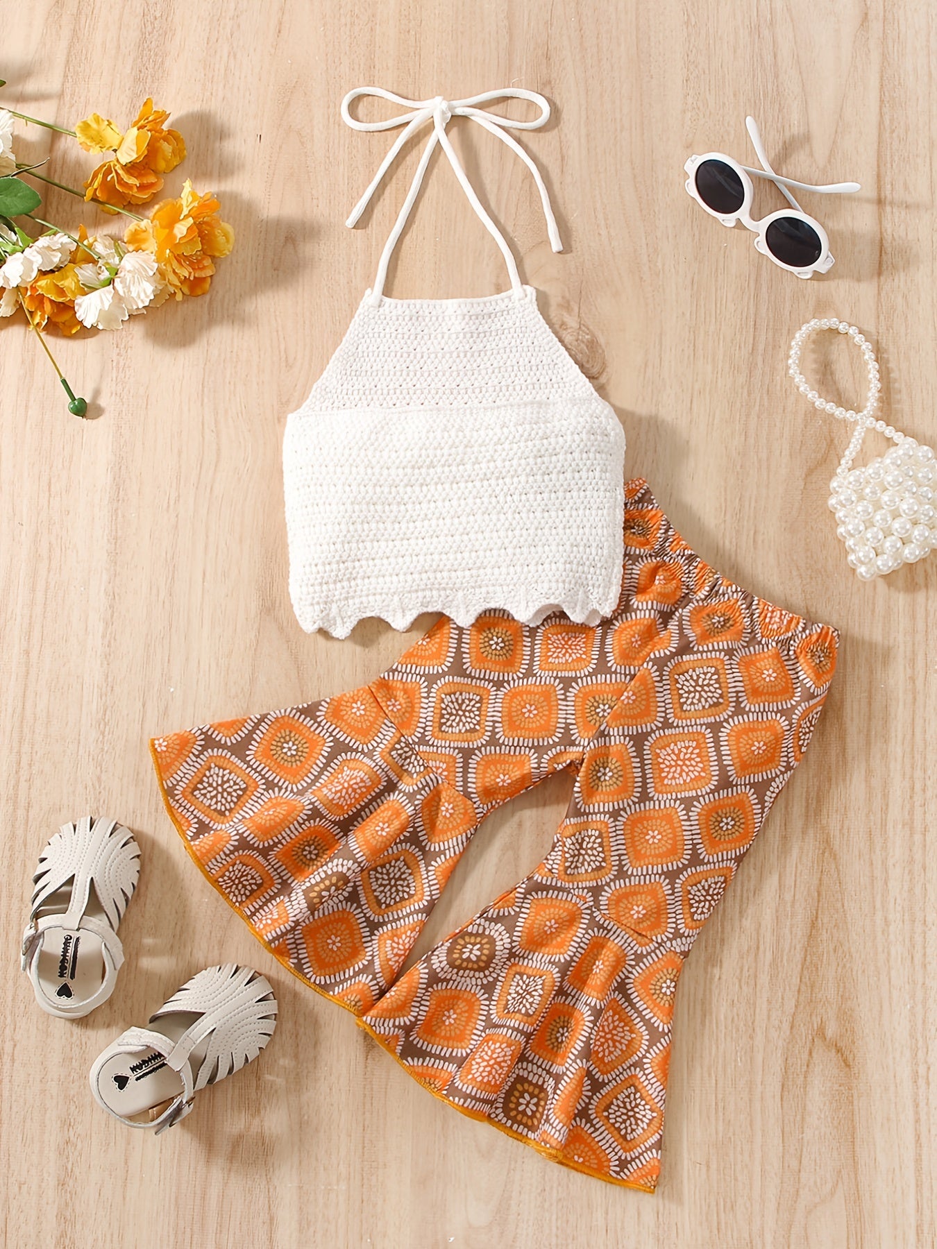 2pcs Baby Girls Knit Halter Top & Flared Pants Set