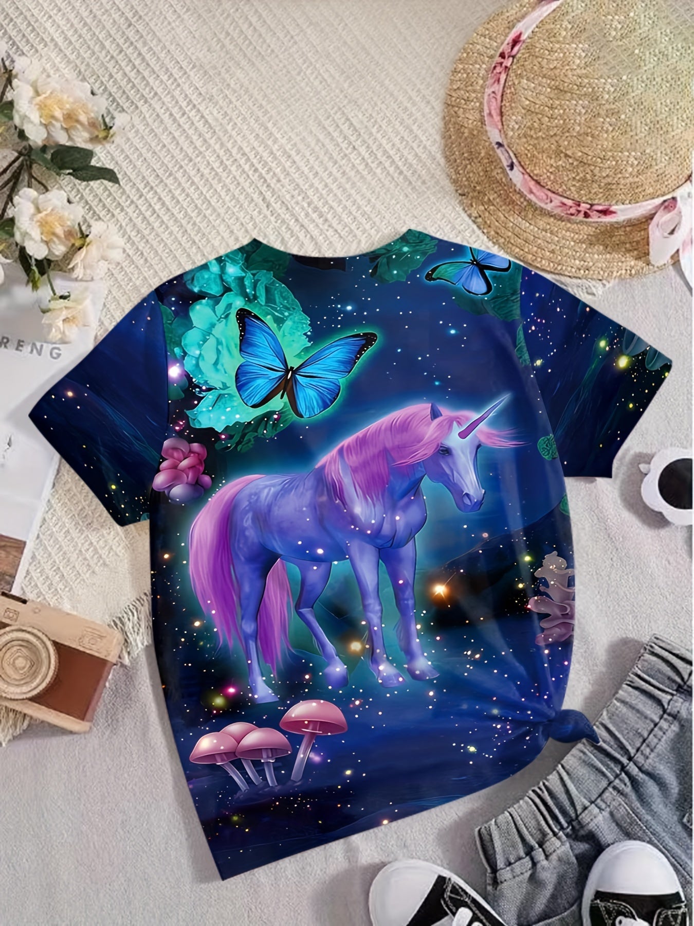 3D Unicorn & Butterfly Graphic Short Sleeve T shirt For Girls Summer Gift